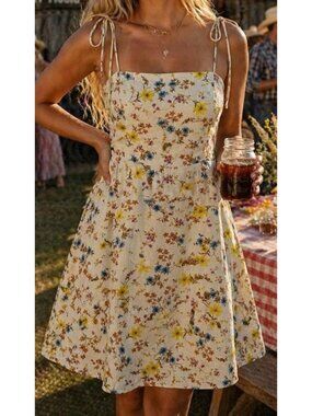 Old Navy Floral Linen Blend Sundress Lined Yellow Tie Shoulder Stretch Large